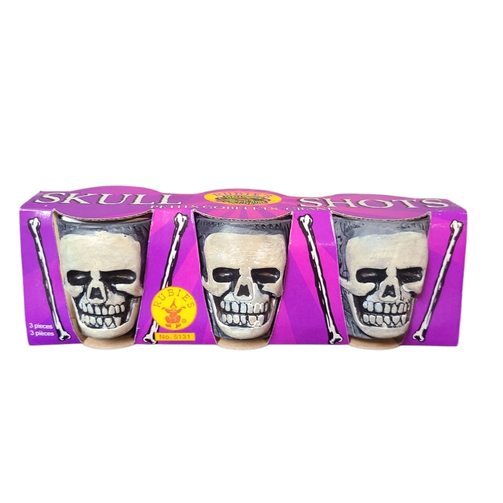Vintage Rubie's Skull Shot Glasses - Set of 3 Retro Halloween Barware NEW